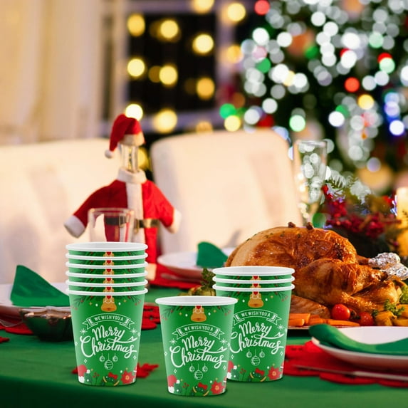HYLLai Christmas Themed Paper Cups and Plates, Disposable Tableware for Holiday Parties, Multi-Person Gatherings, 10-Pack Set (A)
