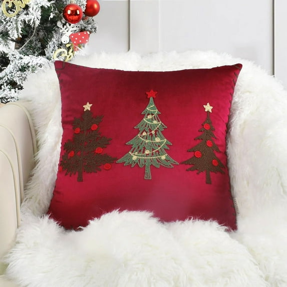 HYLLai Christmas Tree Embroidery Pillow Cover, 17.7x17.7 Inch Flock Sofa Cushion Case for Holiday Living Room Decor, Red