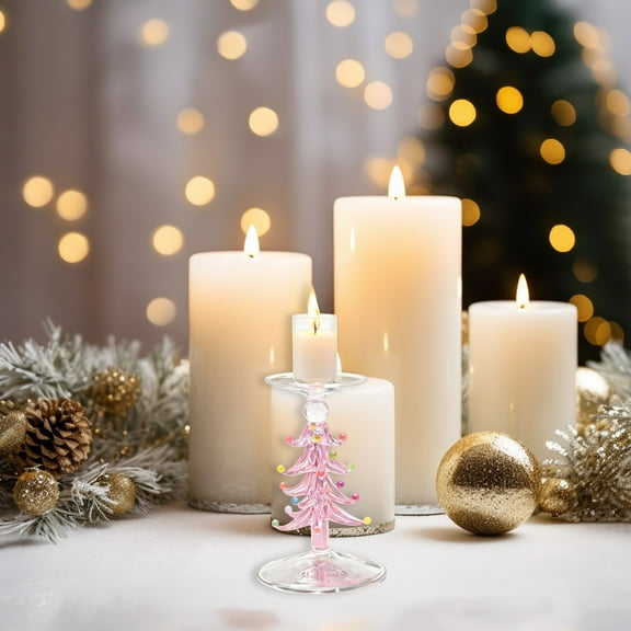 HYLLai Christmas Tree Glass Candle Holder with Wreath Design, Colorful Vintage Home Decor for Holiday Tabletop and Mantle Decoration, pink (M)