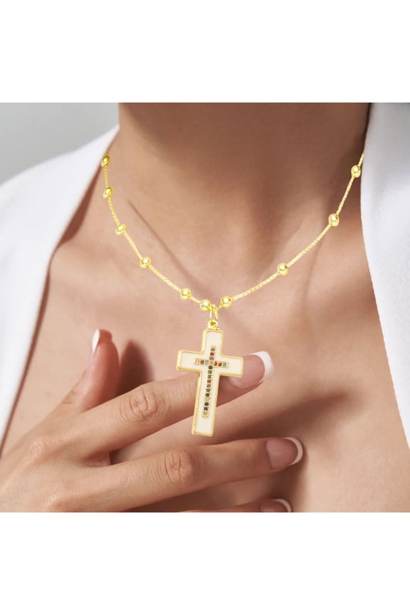 Colorful Enamel Drip Cross Pendant Necklace – Gold Plated Copper Chain for Unisex & Couple Wear, Gift Ready, White
