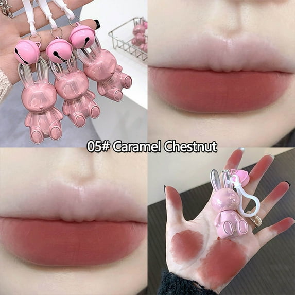 HYLLai Cute Rabbit Keychain Lipstick - Velvet Matte Finish, Waterproof, 1.8g Portable Lip Gloss with 6 Shades, Ideal Gift for Her (E)