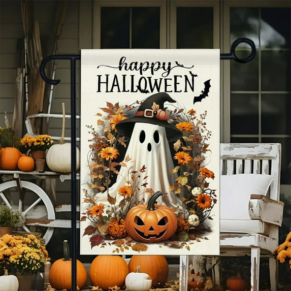 HYLLai Double Sided Halloween Garden Flag – Reversible Polyester Outdoor Yard Decoration with Ghost Design for Porch, Fence, or Patio