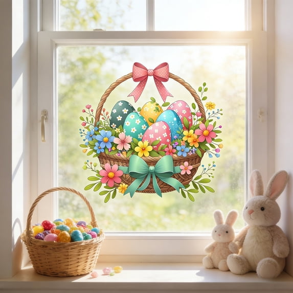 HYLLai Easter Egg & Floral Basket Window Clings, Colorful Static Stickers for Glass Doors, Mirrors, and Windows, Removable and Reusable Spring Home Decor