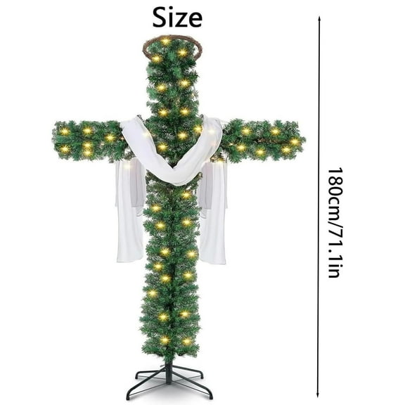 HYLLai Foldable Cross-Shaped Christmas Tree with LED Lights 71 Inch – Outdoor & Indoor Religious Holiday Decoration Includes Silk Scarf and Rattan Ring