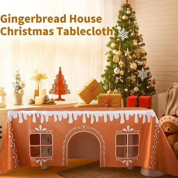 HYLLai Gingerbread House Christmas Tablecloth with Play Cut-Outs, Waterproof Holiday Dining Cover for Interactive Party and Decor, 150*180cm