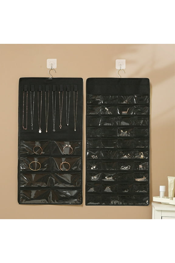 Hanging Jewelry Organizer with 48 Transparent Pockets, Travel Jewelry Roll for Necklaces, Earrings, Rings, Double-Sided, Foldable, Space-Saving, Black