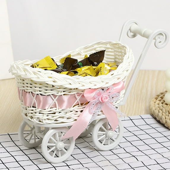 HYLLai Imitation Woven Rattan Storage Basket with Handles - Mobile Cart Style Decor for Candy, Fruit, or Toys, Home and Wedding Decoration, Pink