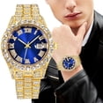 thumbnail image 1 of HYLLai Men’s Stainless Steel Watch, Roman Numeral Dial with Crystal Accents, Waterproof Quartz Movement, Casual & Dress Style, GOLD BLUE, 1 of 6