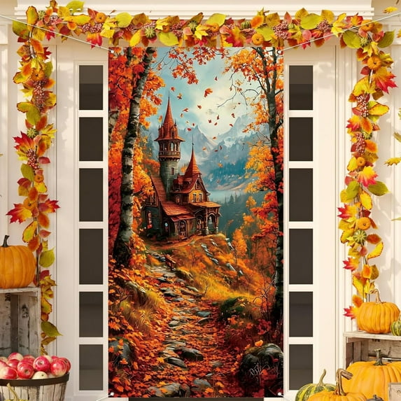 HYLLai Pumpkin Castle Thanksgiving Door Cover, 90x180cm Holiday Background Decoration for Home Party and Festive Entryway (F)