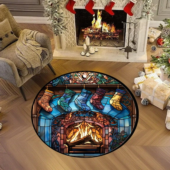 HYLLai Small Round Christmas Rug, 15.7Inch Holiday Themed Floor Mat for Bedroom or Living Room, Non-Slip Decorative Carpet with Festive Patterns (A)