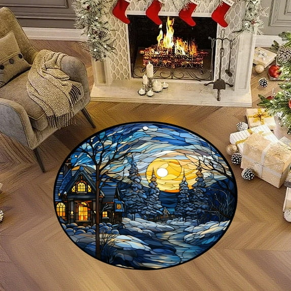 HYLLai Small Round Christmas Rug, 15.7Inch Holiday Themed Floor Mat for Bedroom or Living Room, Non-Slip Decorative Carpet with Festive Patterns (B)