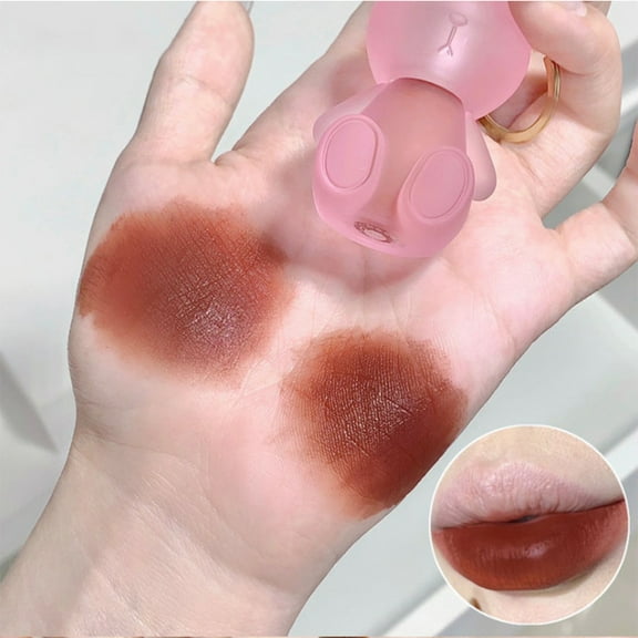 HYLLai Velvet Matte Lip Gloss with Keychain, Waterproof Non-Fade Non-Stick Cup, Cute Bear Lipstick (#04)