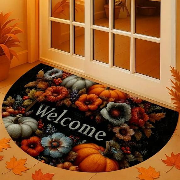 HYLLai Velvet Thanksgiving Pumpkin Half Round Doormat 23.6x15.7 Inch Non-Slip Entryway Rug Fall Harvest Decor for Home Entrance Floor Mat (D)