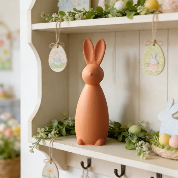 HYLLai Vintage-Style Wooden Rabbit Figurine, Distressed Finish Easter Bunny Decor, Hand-Painted Small Statue for Shelf Table, Farmhouse Spring Accent (Orange)