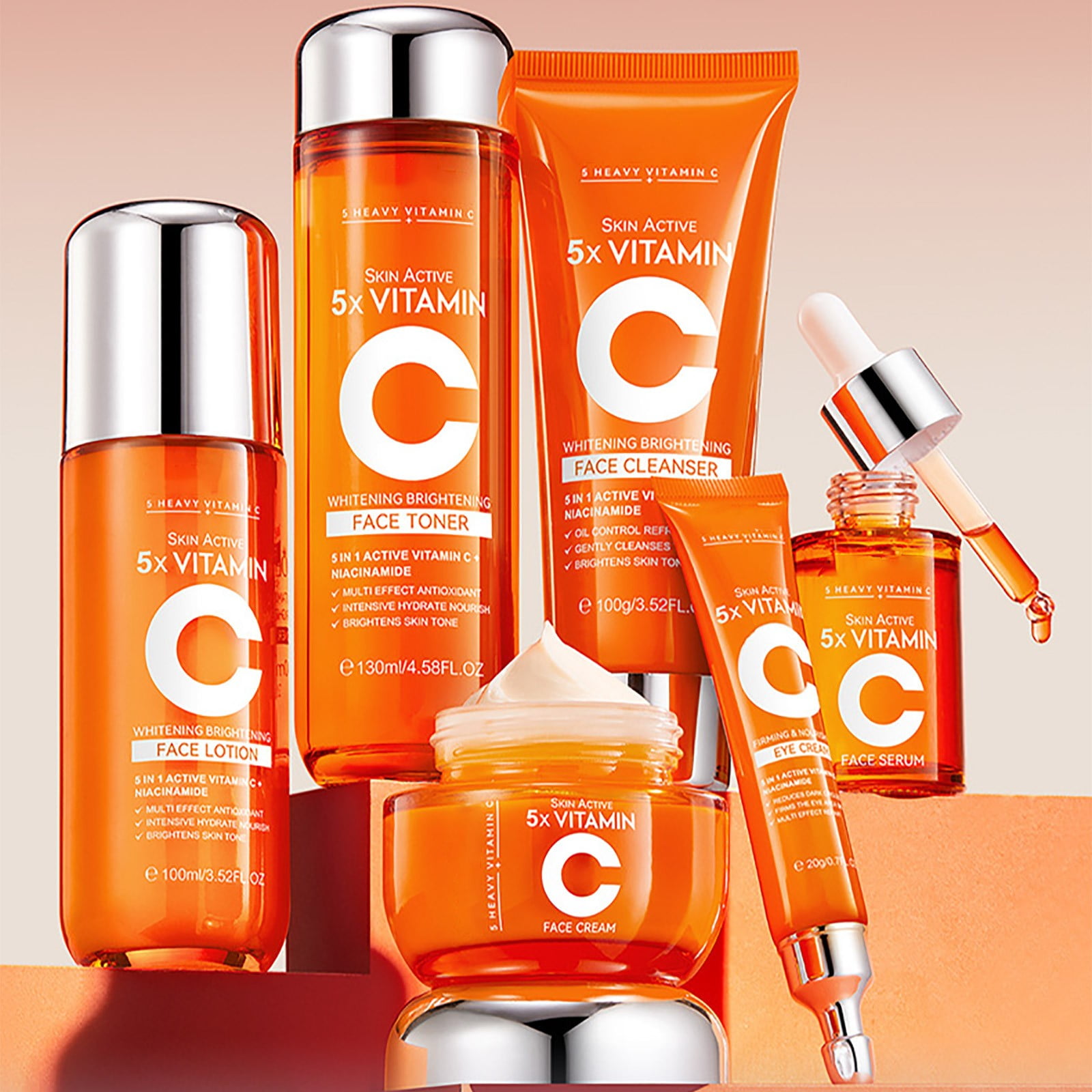 HYLLai Vitamin C 6-Piece Skincare Set Cleanser, Toner, Moisturizer & More for Radiant Skin, Luxury Gift Box with Travel-Friendly Sizes,