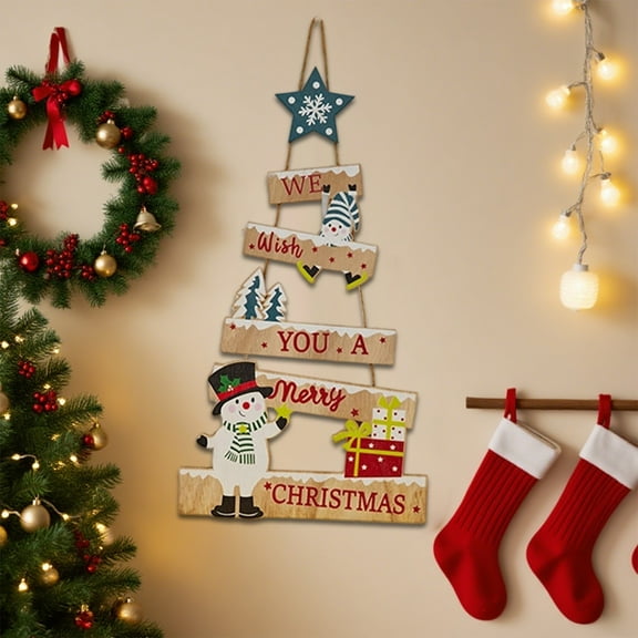 HYLLai Wooden Hanging Snowman Ornament for Christmas, Handcrafted Door or Wall Decor, Festive Holiday Ambience for Home or Gift, Blue