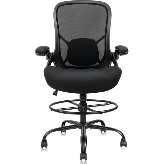 HYLONE 400lbs Big and Tall Heavy Duty Drafting Chair 5" Thickened Seat Tall Office Chair Flip-Up Armrests Ergonomic Chair with Lumbar Support and Adjustable Footrest Ring Standing Desk Chair (Black)