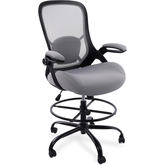 HYLONE 400lbs Heavy Duty Drafting Chair 5" Thickened Seat Office Chair with Flip-Up Armrests Tall Ergonomic Computer Chair with Lumbar Support and Adjustable Footrest Ring Standing Desk Chair(Grey)