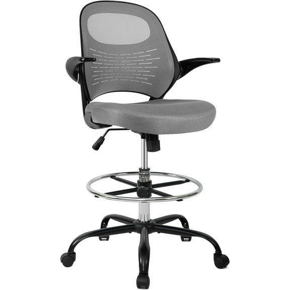 HYLONE Drafting Chair with Flip-Up Arms, Adjustable Height & Lumbar Support Tall Office Chair for Standing Desk, Ergonomic Drafting Stool Chair (Black)