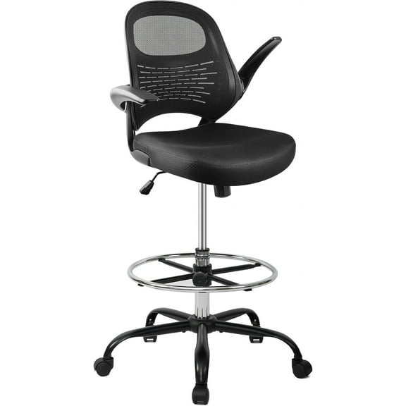 HYLONE Drafting Chair with Flip-Up Arms, Adjustable Height & Lumbar Support Tall Office Chair for Standing Desk, Ergonomic Drafting Stool Chair (Black)