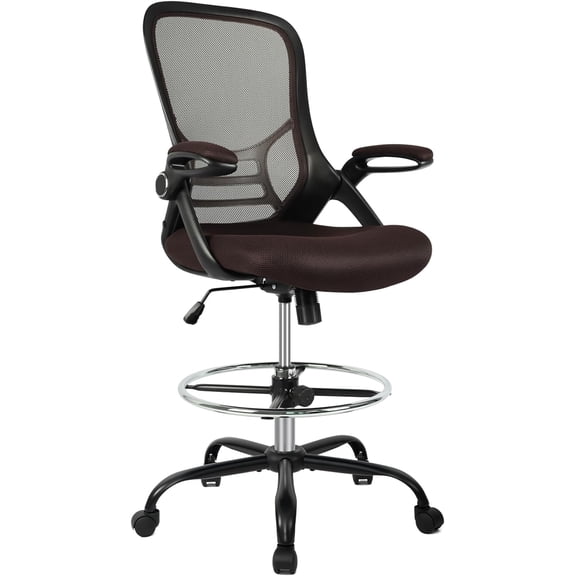 HYLONE Drafting Chair, Tall Office Chair Standing Desk Chair Brown Mesh High-Back Drafting Stool with Flip-Up Arms, Adjustable Foot Ring, Brown