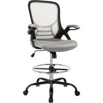 HYLONE Drafting Chair, Tall Office Chair Standing Desk Chair Grey Mesh High-Back Drafting Stool with Flip-Up Arms, Adjustable Foot Ring