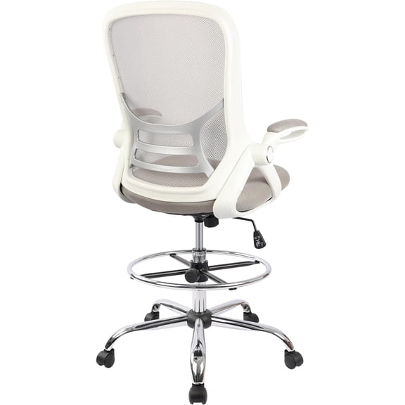 HYLONE Drafting Chair, Tall Office Chair Standing Desk Stool with Adjustable Foot Ring, Flip-Up Arms, Mesh High-Back Drafting Table Chair, White & Grey
