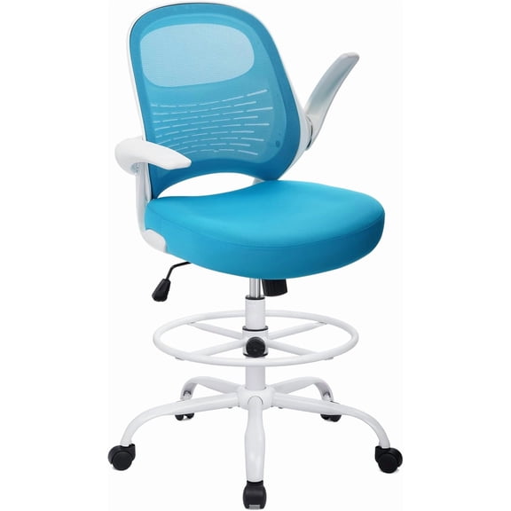 HYLONE Tall Drafting Chair Standing Desk Chair with Flip-Up Armrests, Adjustable Height Ergonomic Office Chair with Footrest Ring - High Stool Chair for Standing Desk (Blue)