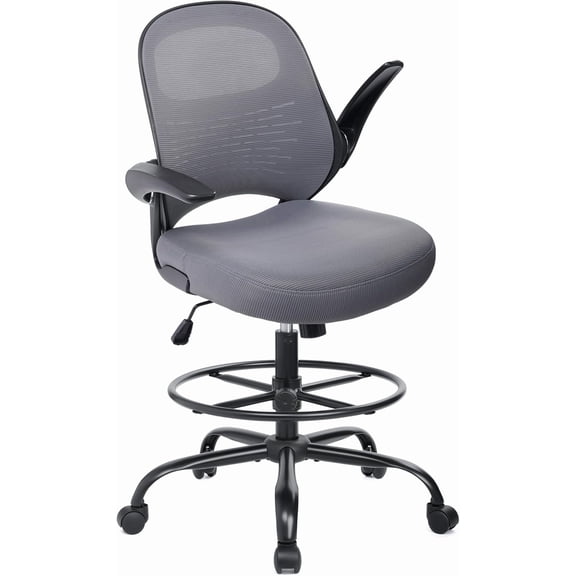 HYLONE Tall Drafting Chair Standing Desk Chair with Flip-Up Armrests, Adjustable Height Ergonomic Office Chair with Footrest Ring - High Stool Chair for Standing Desk (Dark Grey)