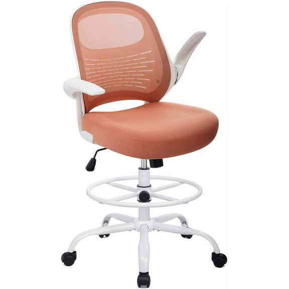 HYLONE Tall Drafting Chair Standing Desk Chair with Flip-Up Armrests, Adjustable Height Ergonomic Office Chair with Footrest Ring - High Stool Chair for Standing Desk (Black Mesh&White Base)