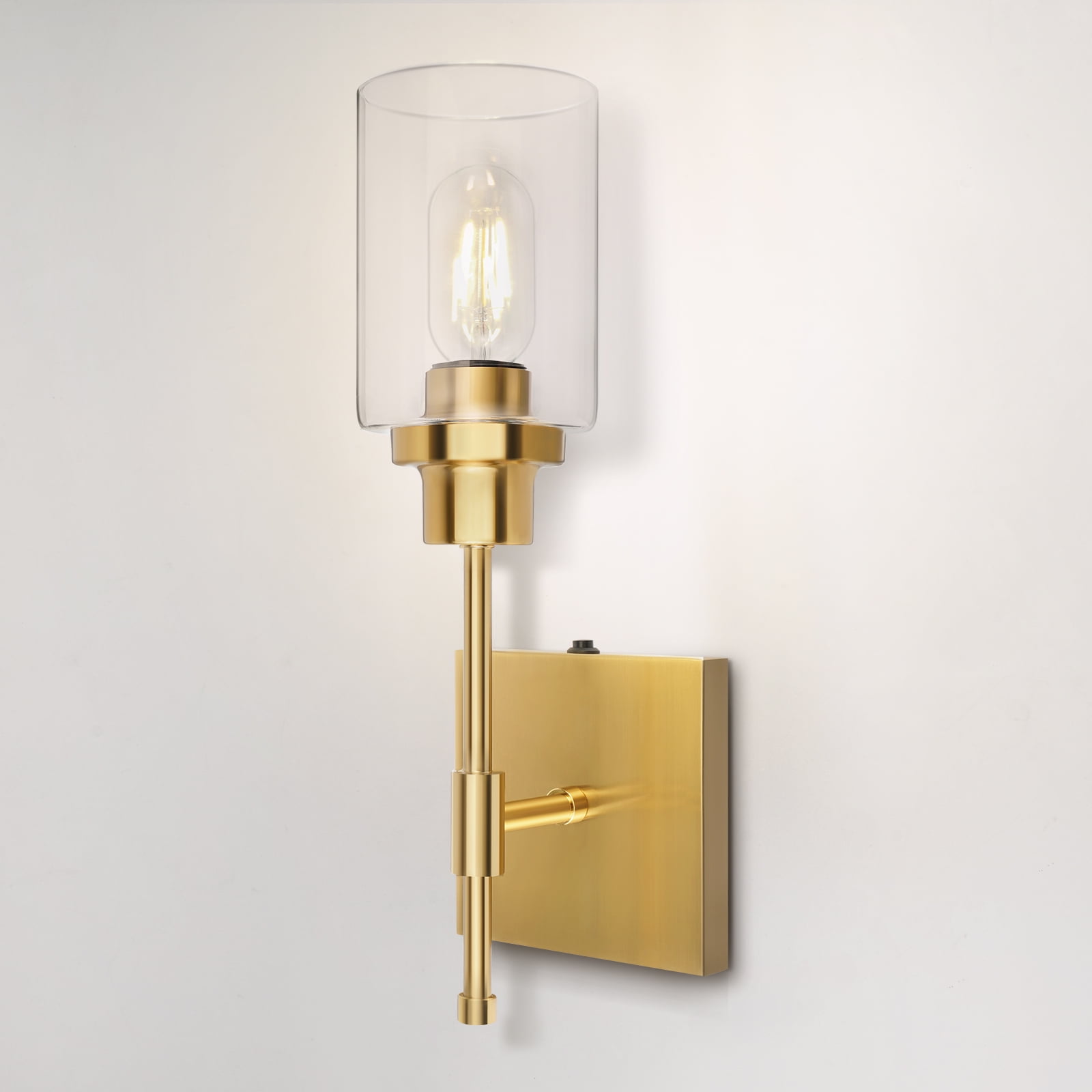 HYMELA Wall Sconce Battery Operated, Clear Glass Shade, Matte Gold, 1