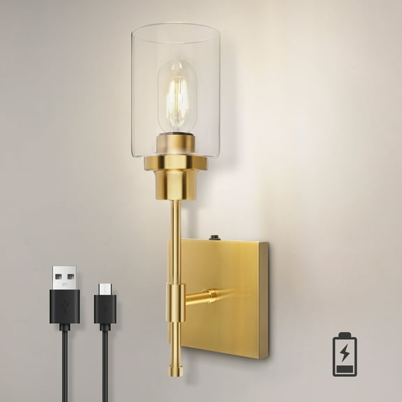 HYMELA Battery Operated Wall Sconce,Matte Gold Rechargeable Wall Light Fixtures for Bathroom Hallway Kitchen Mirror,Bulb Included