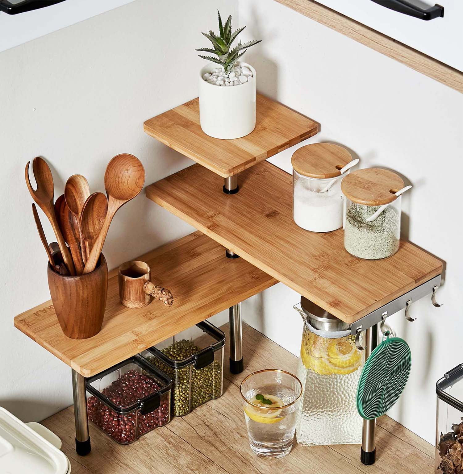 HYNAWIN Bamboo 3 Tier Counter Shelf Corner Storage Shelf with Hooks