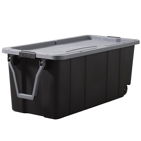 Hyper Tough 50 Gallon Extra Large Wheeled Storage Bin with Latch Lid and Handle, Black and Gray, Heavy Duty Plastic Storage Container Black and Grey
