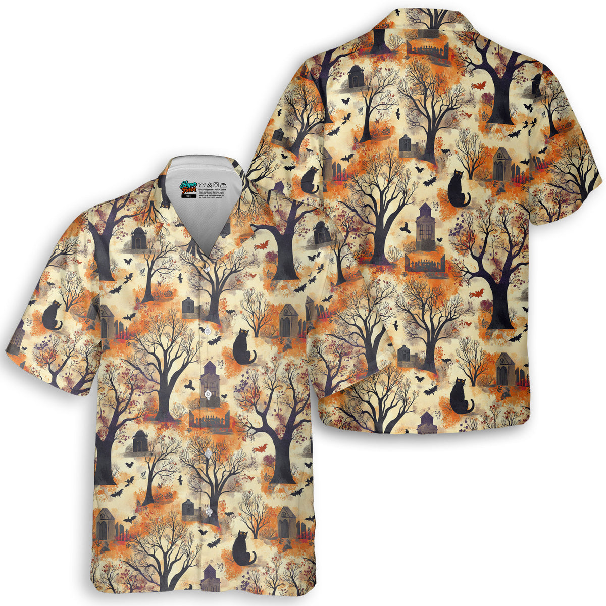 HYPERFAVOR Cat Halloween Quality Hawaiian Shirt,Cat And Graveyard