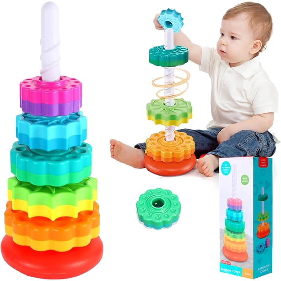 HYPERLIVING Spinning Stacking Toys Baby Spinning Toy Rainbow Tower Stress Relief Stacking Rings Game Kids Stackable Educational Toy for Toddlers Plugging Family Games for 12 Months