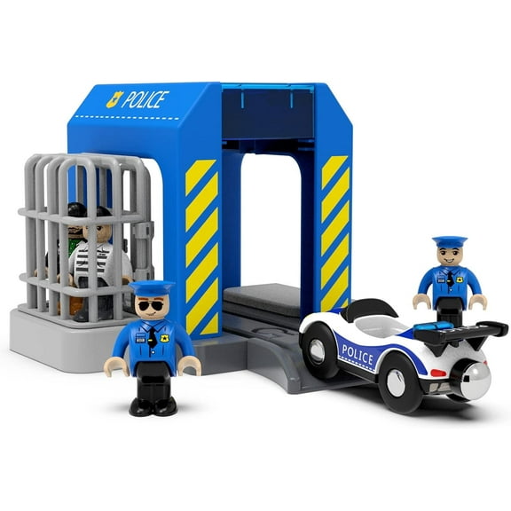 HYPERLIVING Accessories for Wooden Railway Tracks, Police Station, Compatible with All Railway Tracks, Expansion Pack for Children Aged 3 Years and Over