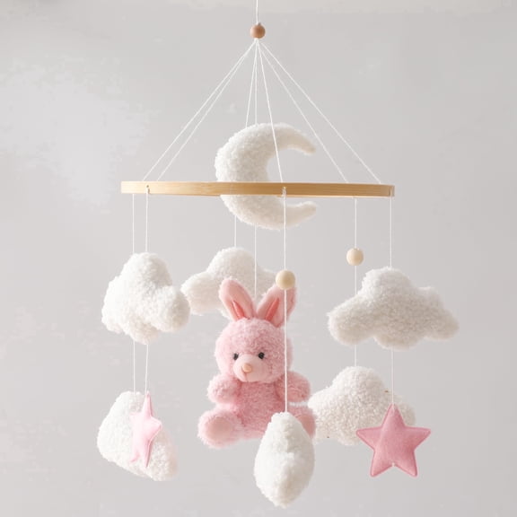 HYPERLIVING Baby Crib Mobile Bunny Nursery Mobile for Boys Girls Teddy Velvet Mobile Nursery Decor for Infant Bedroom Hanging Baby Mobile for Bassinet Newborn Baby GiftPink Bunny
