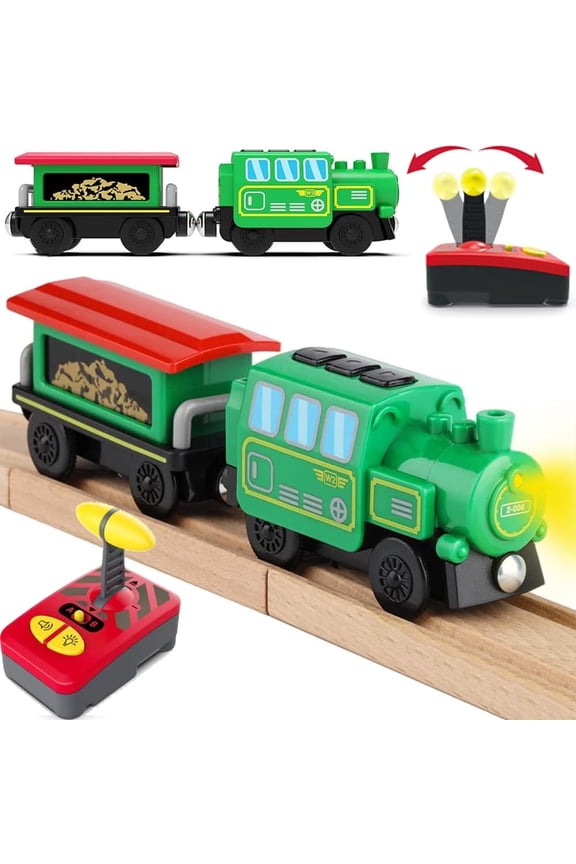 Battery Operated Locomotive Train Set for Wooden Train Tracks, Powerful Engine Train Vehicles Train Electric Remote Control Cars with Light & Sound Train Toy Gift for Kids Toddler