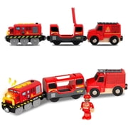 HYPERLIVING Childrens Electric Fire Engine Fire Engine Magnetic Connection Wooden Train Electric Locomotive Electric Railway Children with Light and Sound, Compatible with Thomas, Brio, Chuggington