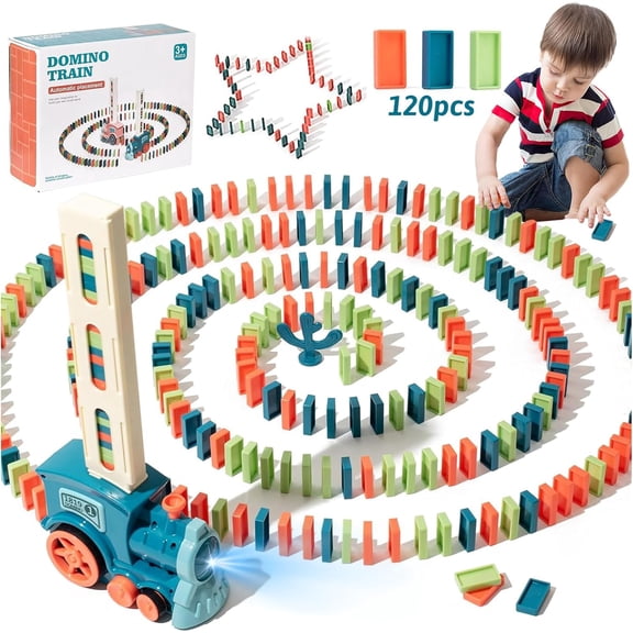 HYPERLIVING  Domino Train Toy,120PCS Domino Blocks Set,Automatic Domino Laying Building and Stacking Toy with Sound and Light,Blocks Domino Train Blocks Set for Children (X007-1)