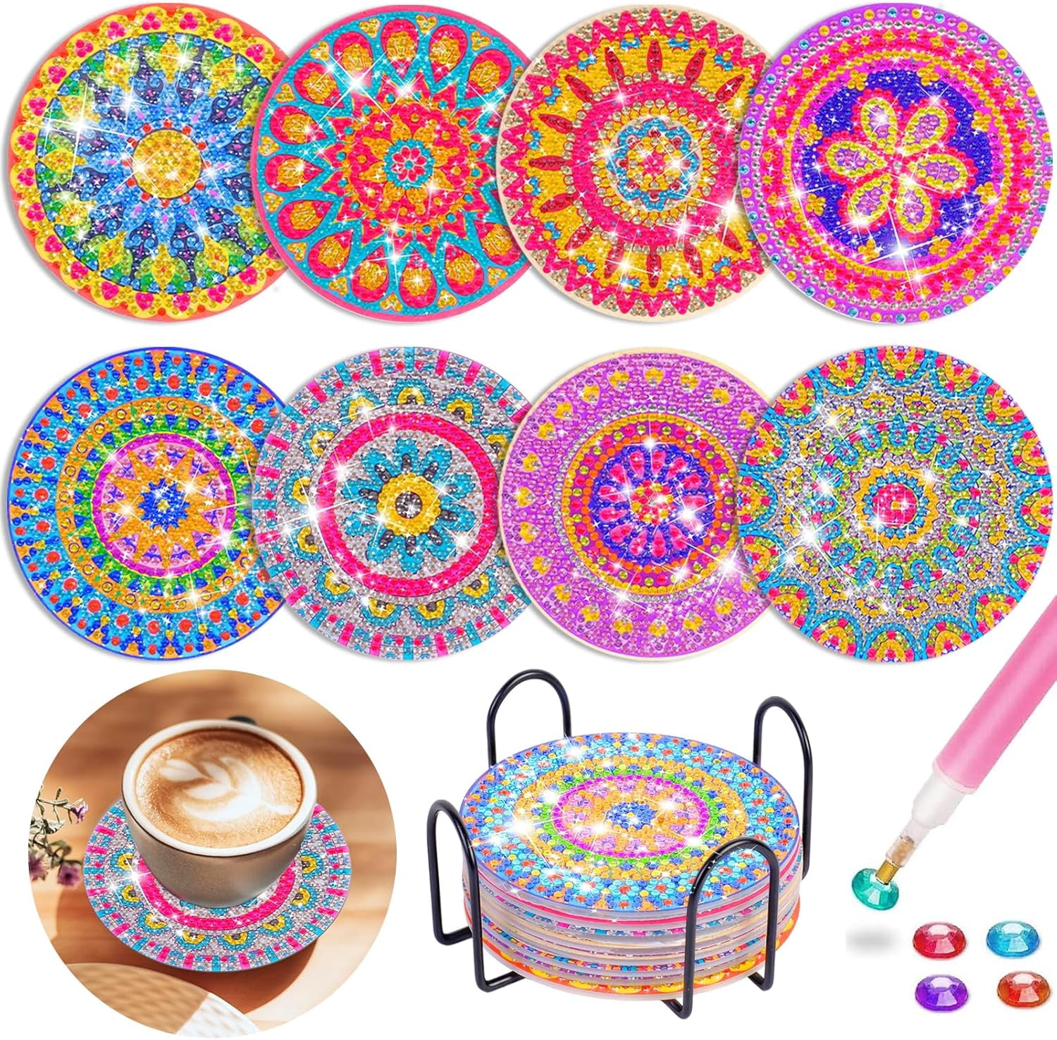 HYPERLIVING Jovicos Craft Kits for Girl 6 7 8 9 10 Years Olds, 8 PCS Diamond Painting Coaster with Holder, 5D Mandala Diamond Painting Art Craft for Kids Adult, Girls Toys Gifts for Kids