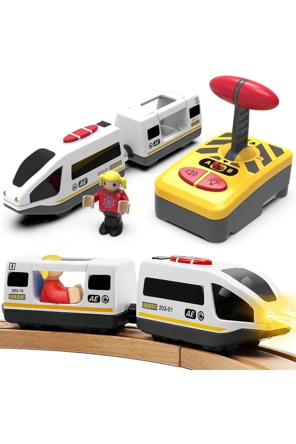 Motorised Wooden Rail Train, Remote Control Train with Magnetic Connection, Battery Operated Locomotive Train for Toddlers, Compatible with Thomas, Brio, Chuggington