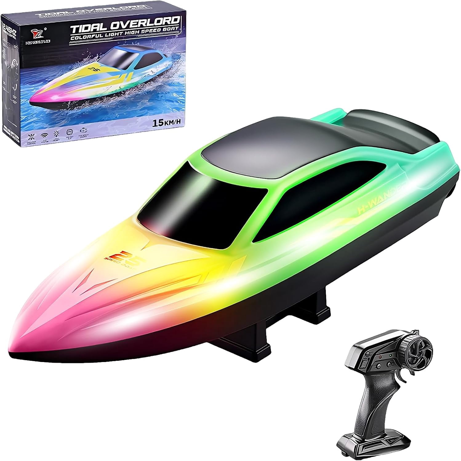 HYPERLIVING Remote Control Boat,15KM/H Fast Racing Boat with LED Light, Never Capsize, Summer Water Pool Toy for Adults & Kids