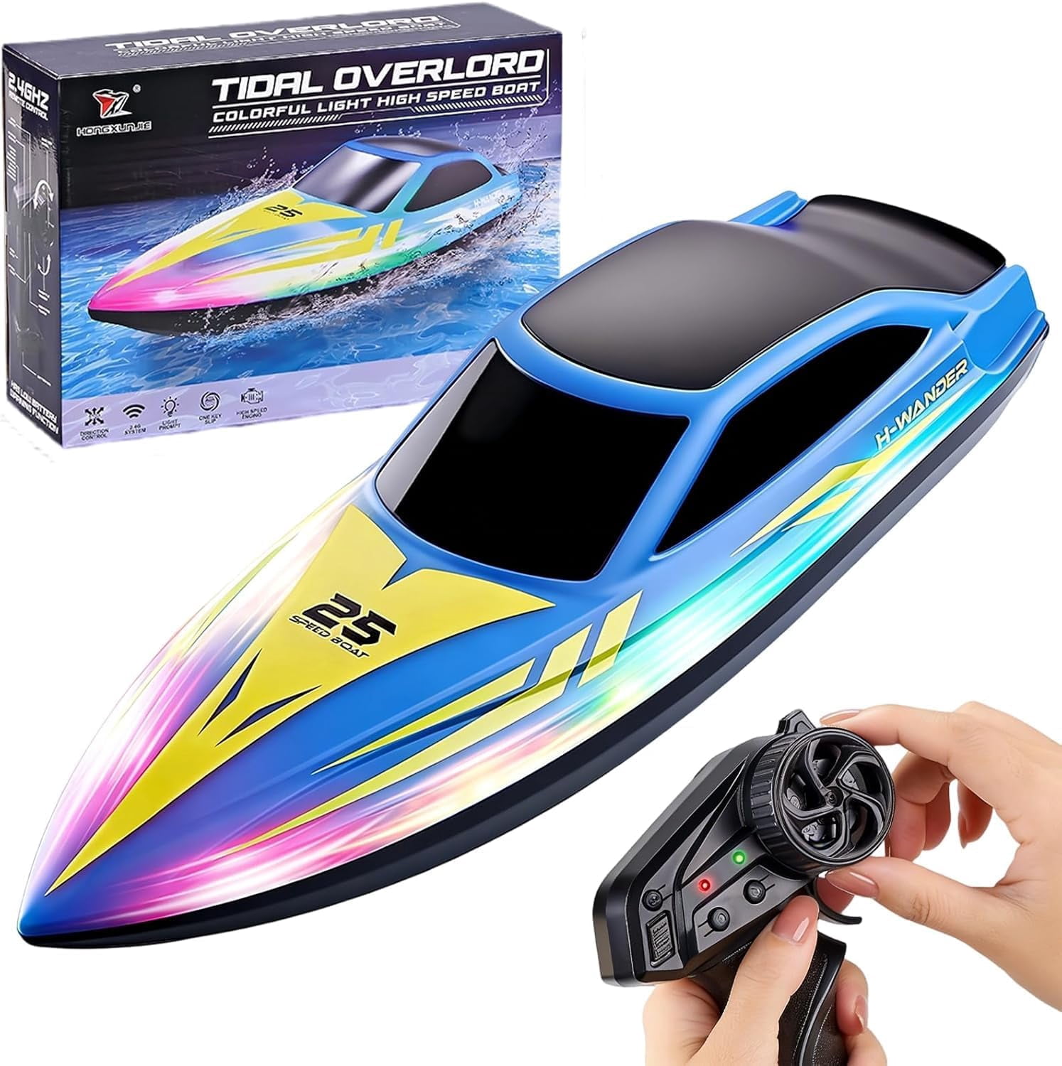 HYPERLIVING Remote-Control Boat, RC Boat with LED Lights, Waterproof Racing Speedboat Toy for Kids and Adults, Gift for Boys Girls for Lake & Pool