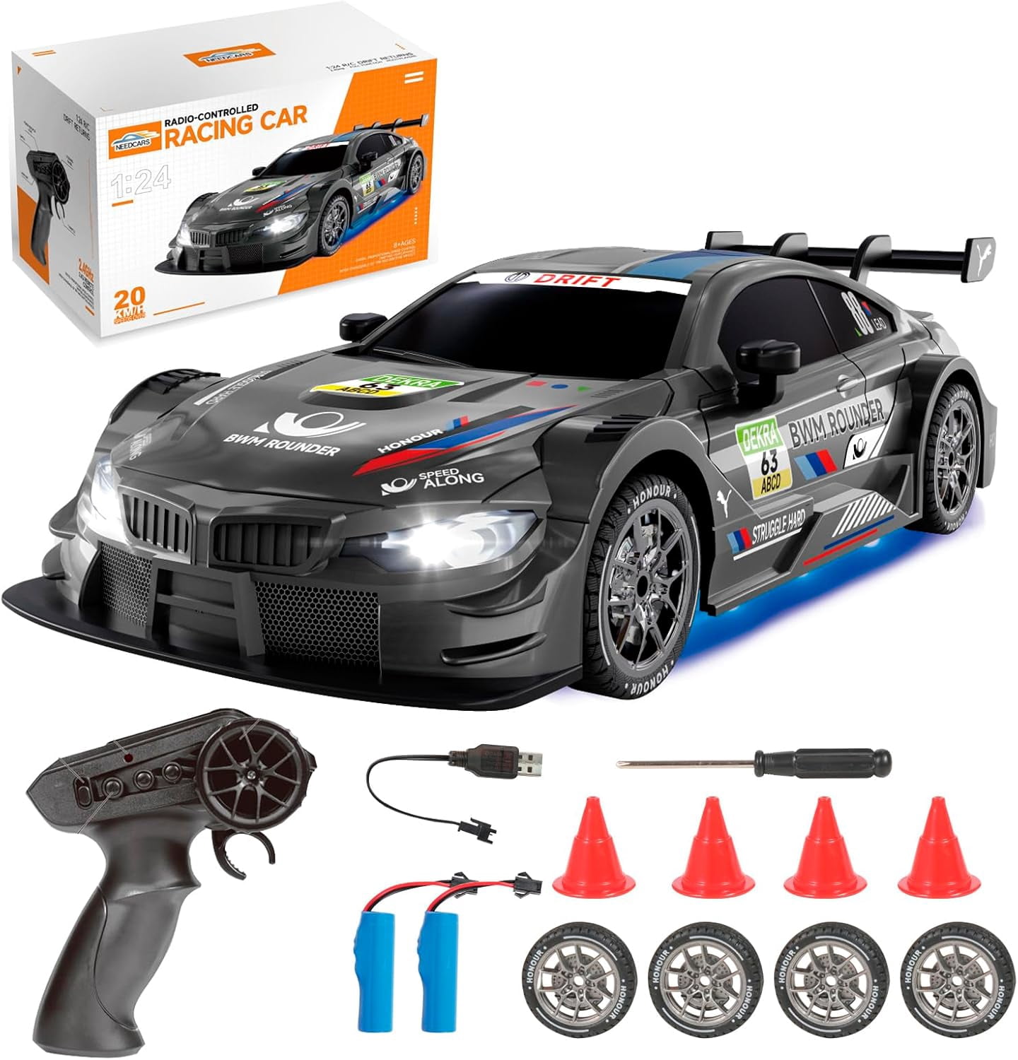 HYPERLIVING Remote Control Car – 1:24 Scale 4WD RC Drift Car – 2.4GHz High-Speed ​​Racing Car (20 km/h) with Two Batteries and LED Lights