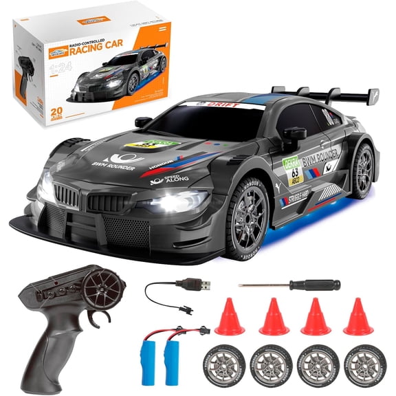 HYPERLIVING Remote Control Car 1:24 Scale 4WD RC Drift Car 2.4GHz High-Speed Racing Car (20 km/h) with Two Batteries and LED Lights