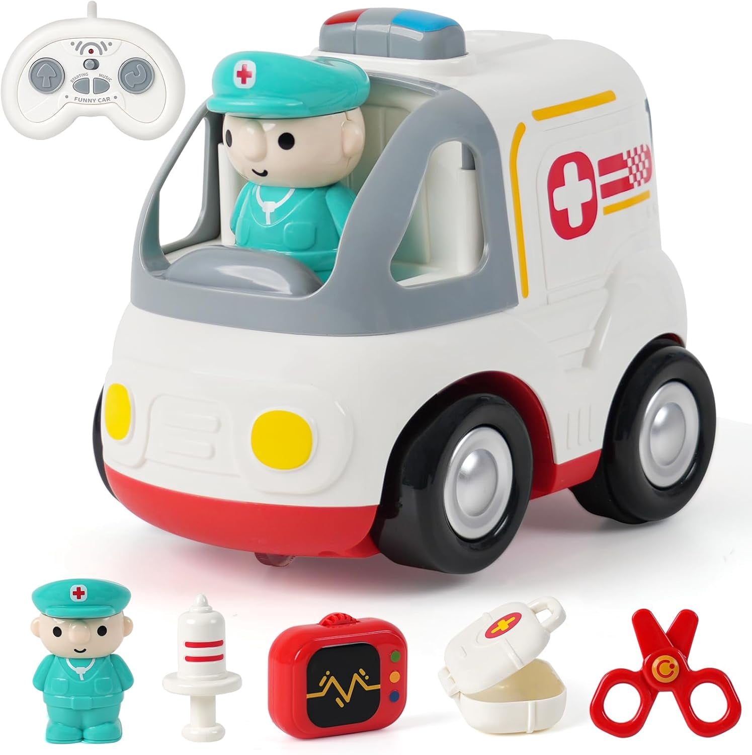 HYPERLIVING Remote Control Car for Kids - Cartoon RC Ambulance Toy for Toddlers 18+ Months, Ages 2 3 4 5 Years Old, Birthday Gifts for Boys with Lights & Sounds & Music