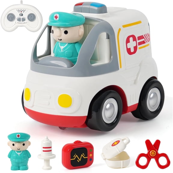HYPERLIVING Remote Control Car for Kids - Cartoon RC Ambulance Toy for Toddlers 18+ Months, Ages 2 3 4 5 Years Old, Birthday Gifts for Boys with Lights & Sounds & Music