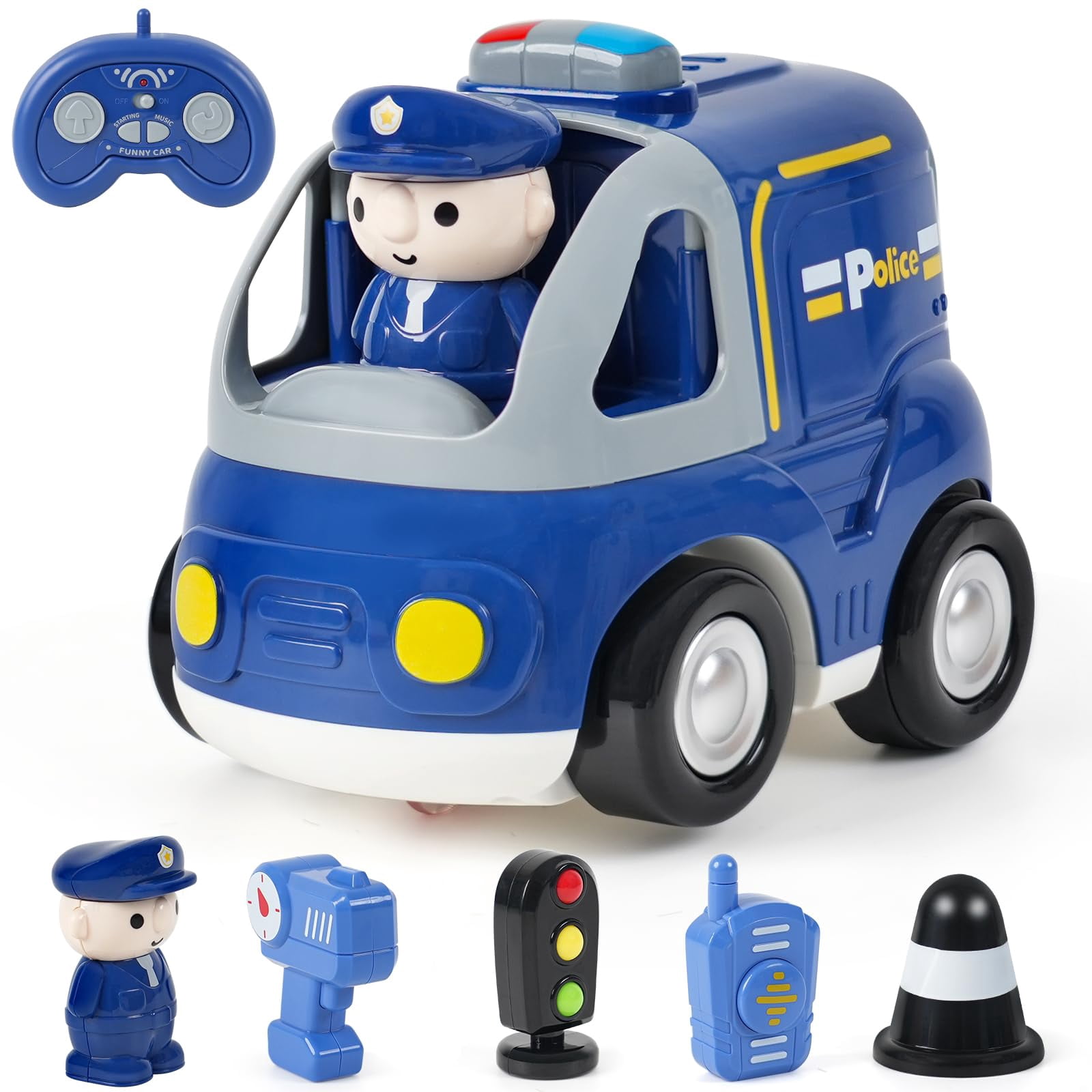 HYPERLIVING Remote Control Car for Toddlers - Birthday Gifts for Boys and Kids Ages 18+ Months, 2 3 4 5 Years, 2.4GHz RC Interactive Cartoon Police Car with Lights, Sounds & Music